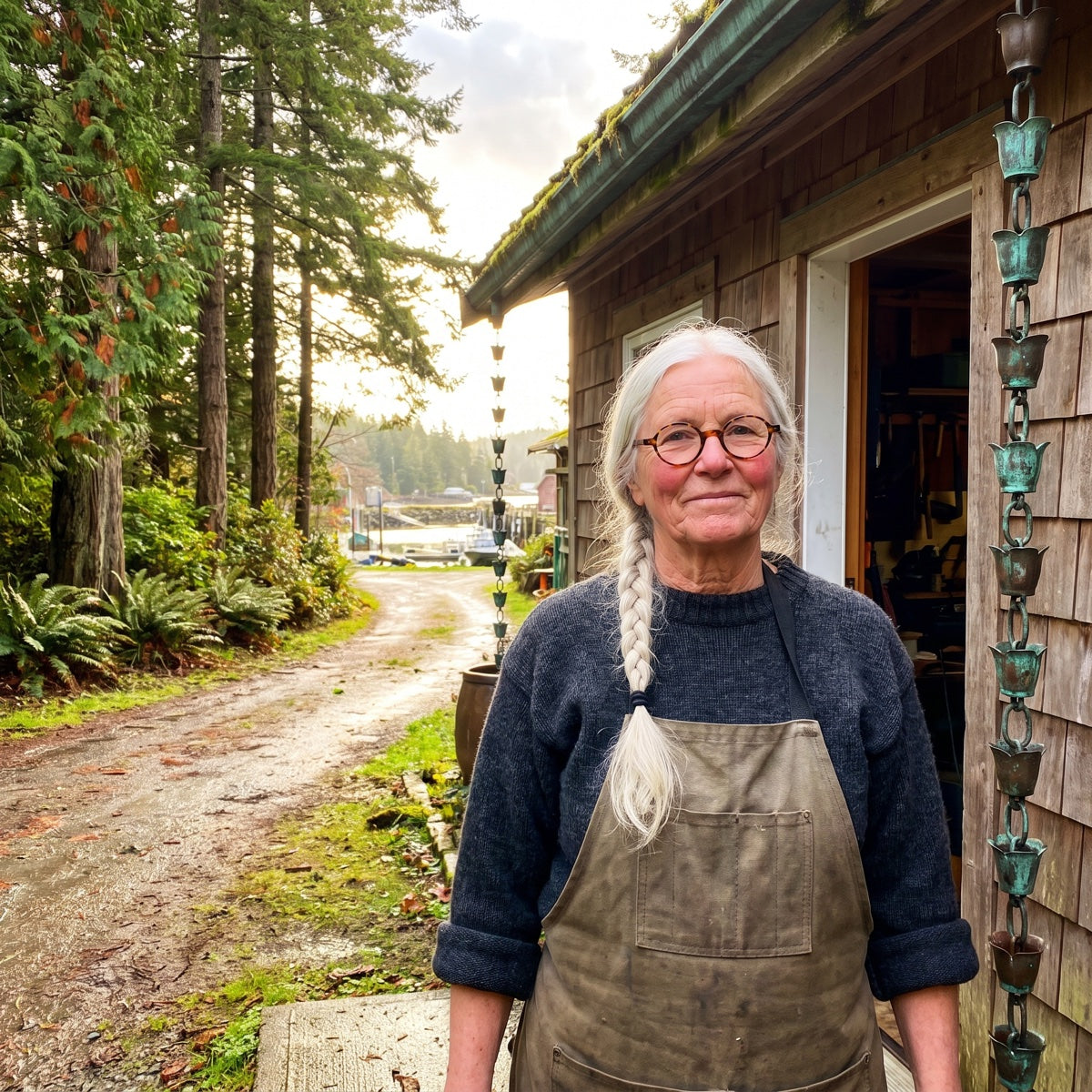 Marnie Ruddick, coppersmith, outside her cedar workshop in Ucluelet, British Columbia