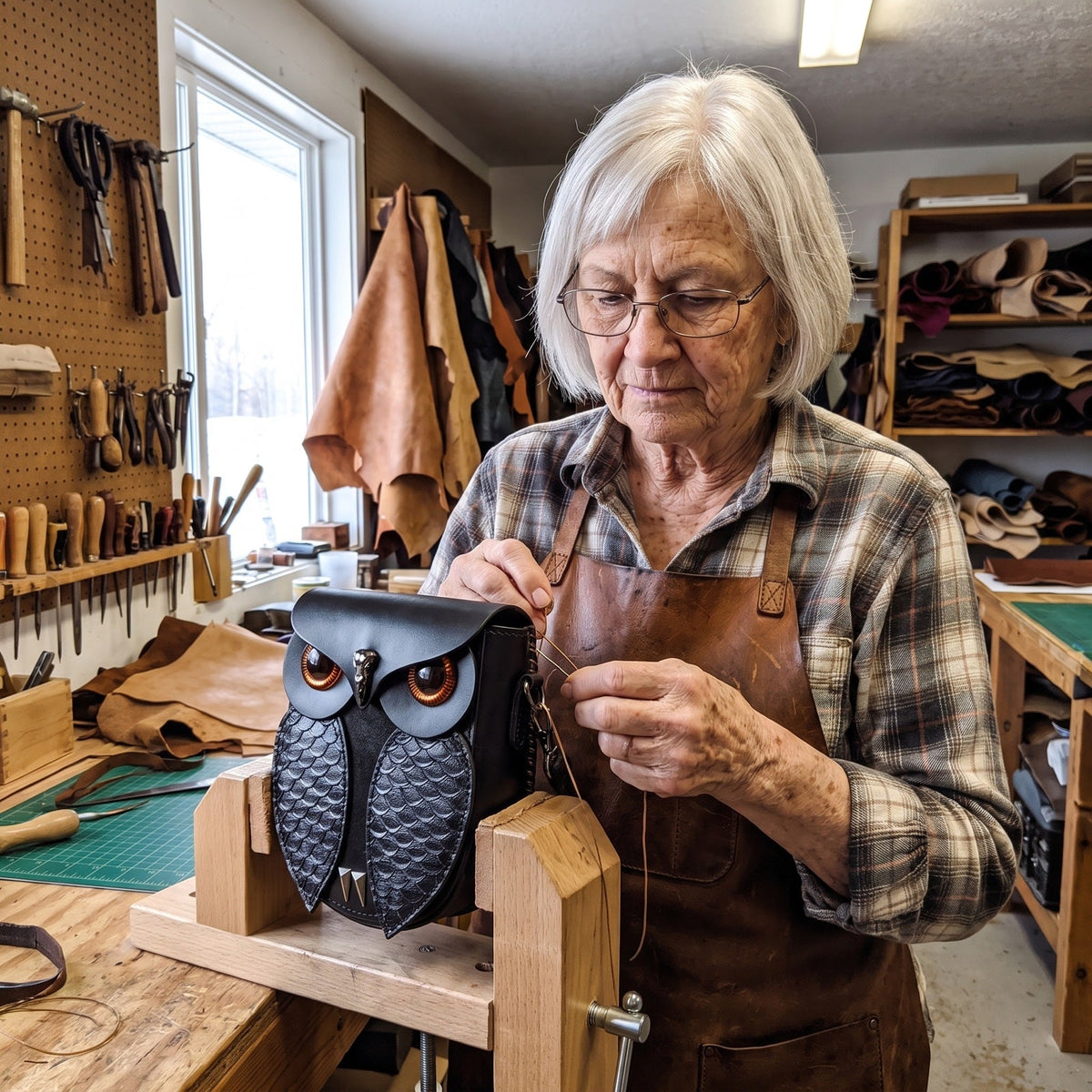 Ruth hand-stitching an owl bag clamped in a stitching pony at her workbench