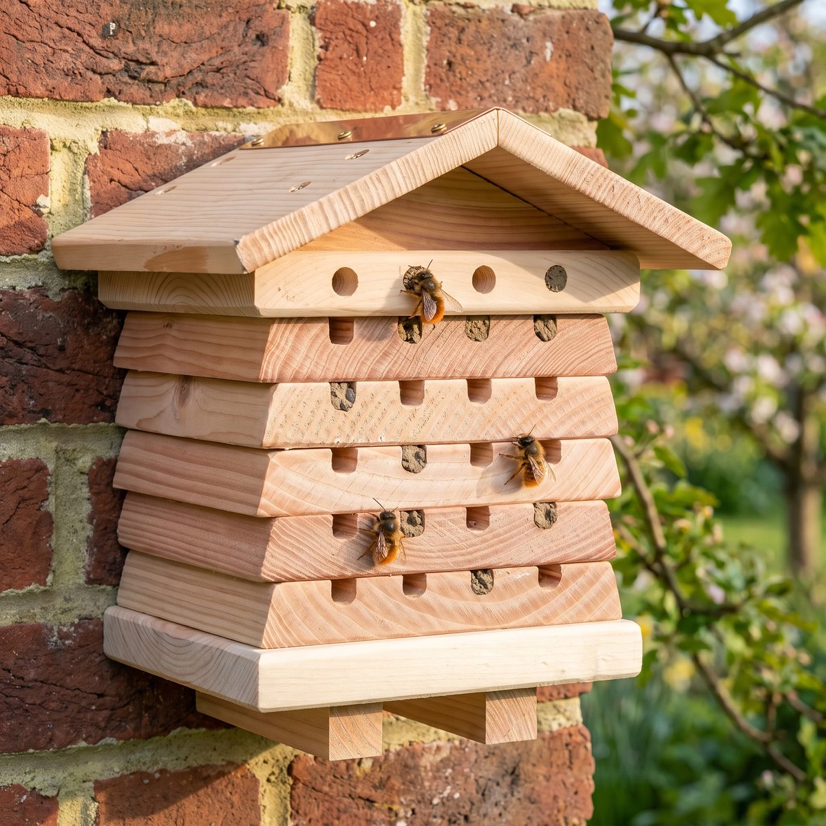 Blossom Warden on an old brick garden wall with red mason bees