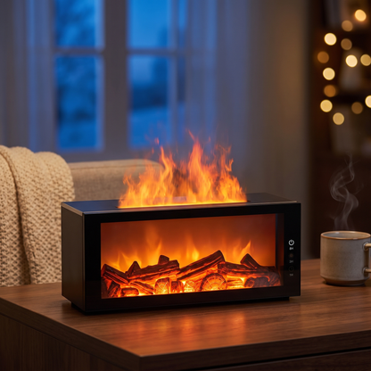 Armand's Fireplace Diffuser – front close-up, switched on, mist flame rising