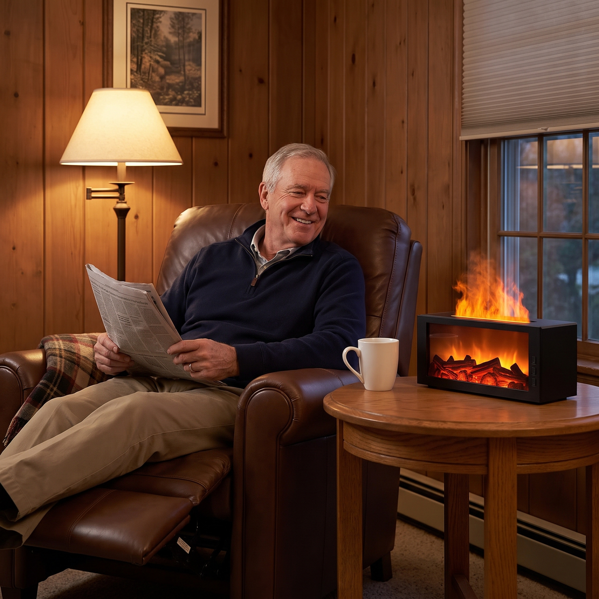 Armand's Fireplace Diffuser – customer in an armchair beside the diffuser