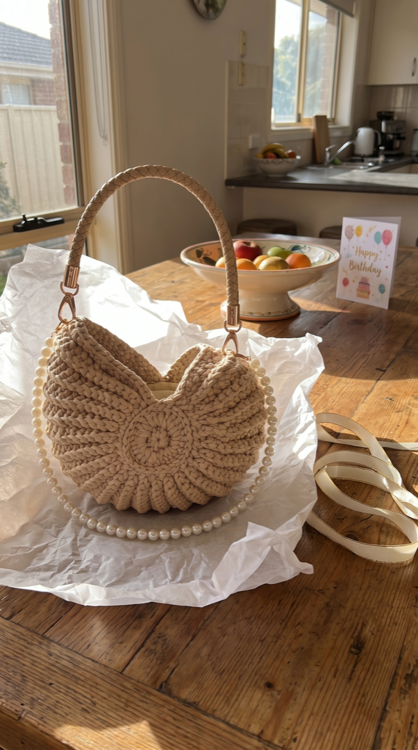 Shell handbag unwrapped as a birthday gift