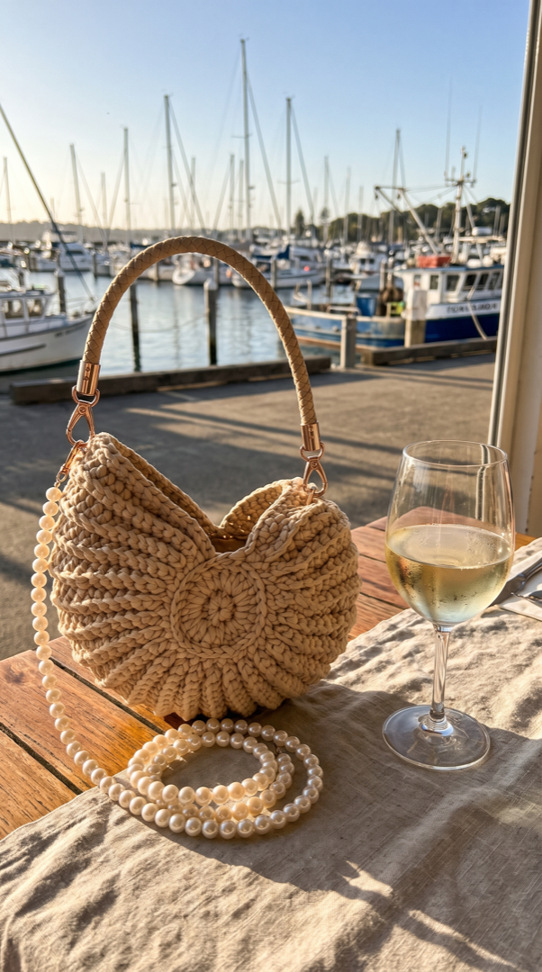 Shell handbag on a restaurant table by the harbour
