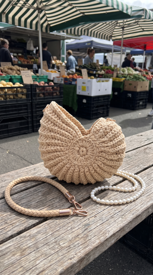 Shell handbag with both straps at a weekend market