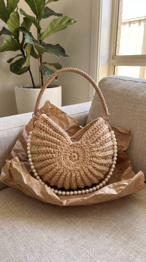 Shell handbag just unpacked on a living room sofa