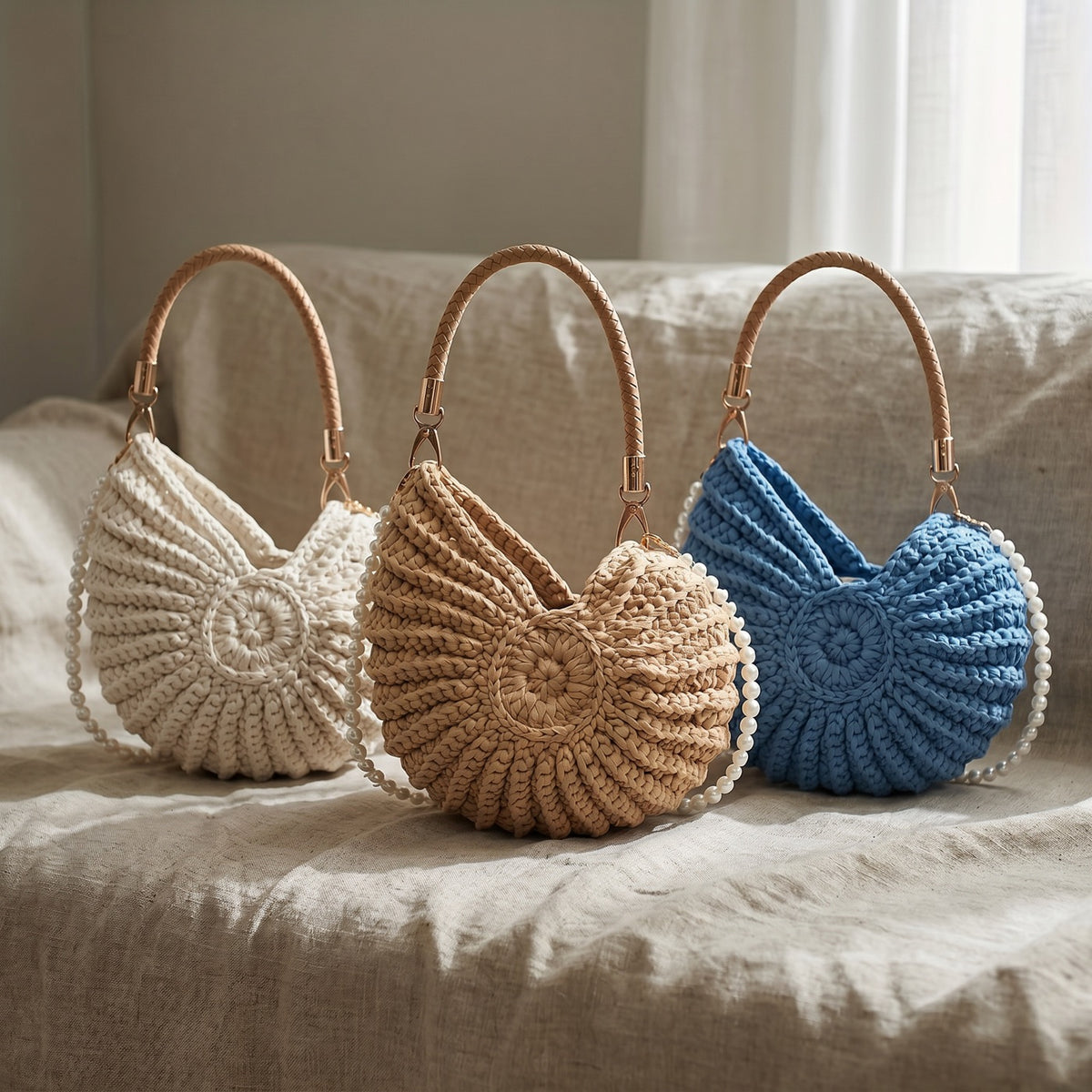 Three colours of the hand-woven shell handbag side by side
