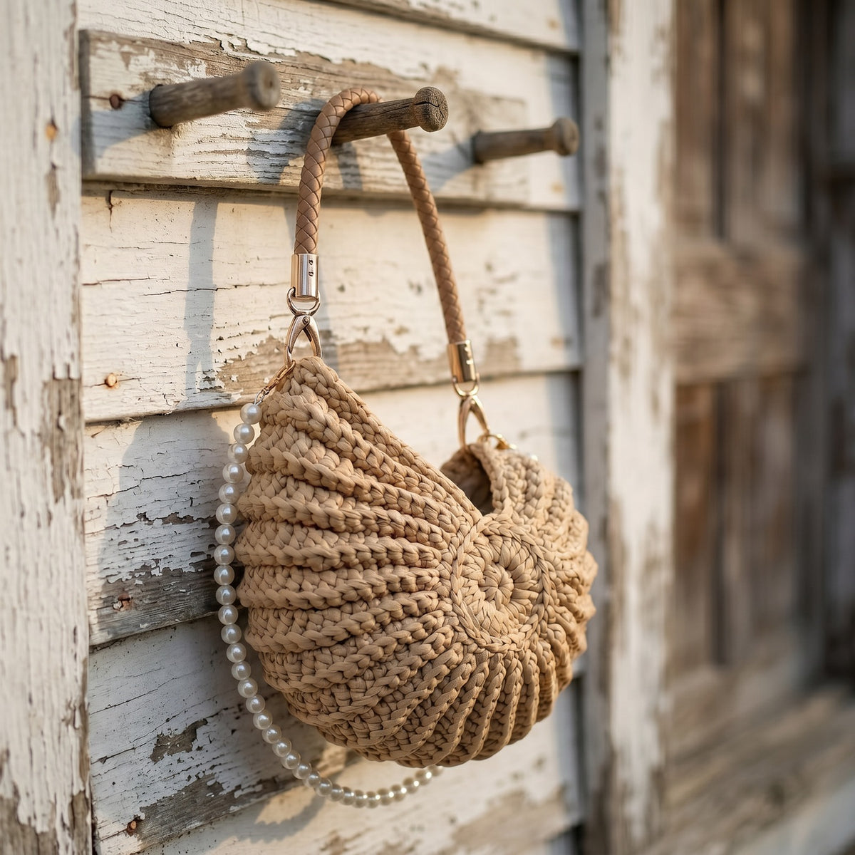 Shell handbag hanging on a weathered weatherboard wall