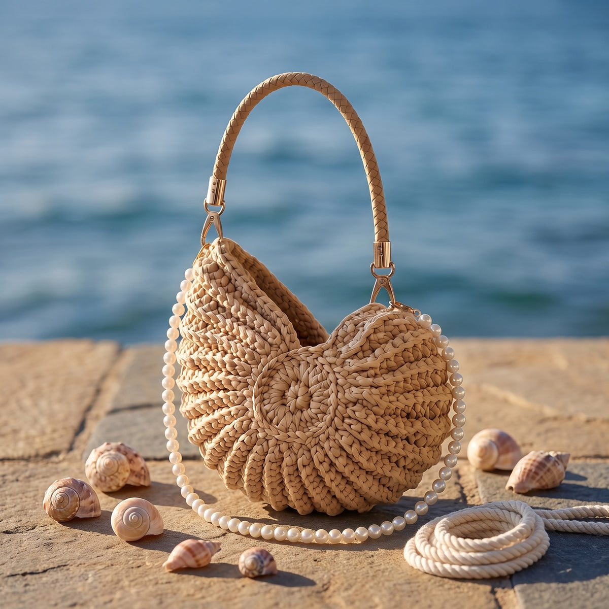 Shell handbag on sunlit bluestone beside small spiral sea shells