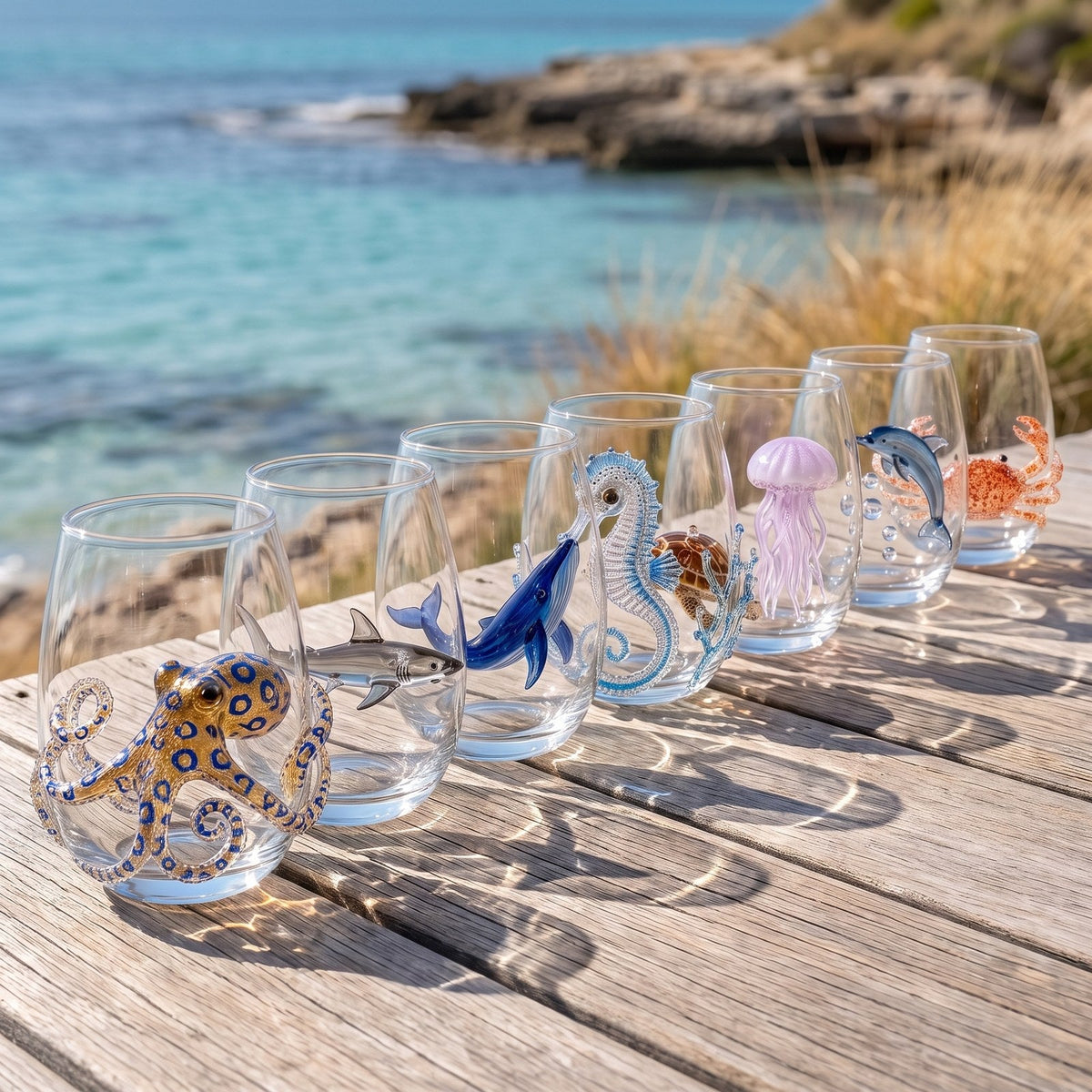 Complete set of eight hand-set ocean glasses by Glenys Trezona