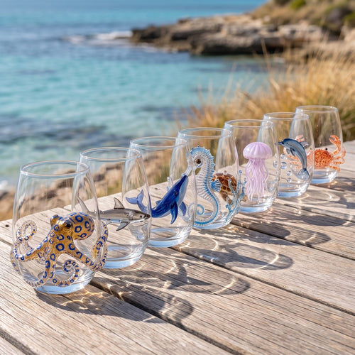 Complete set of eight hand-set ocean glasses by Glenys Trezona