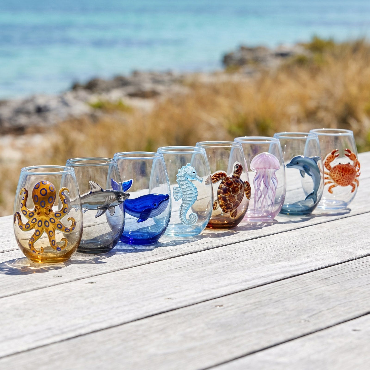 All eight ocean glasses in a single row