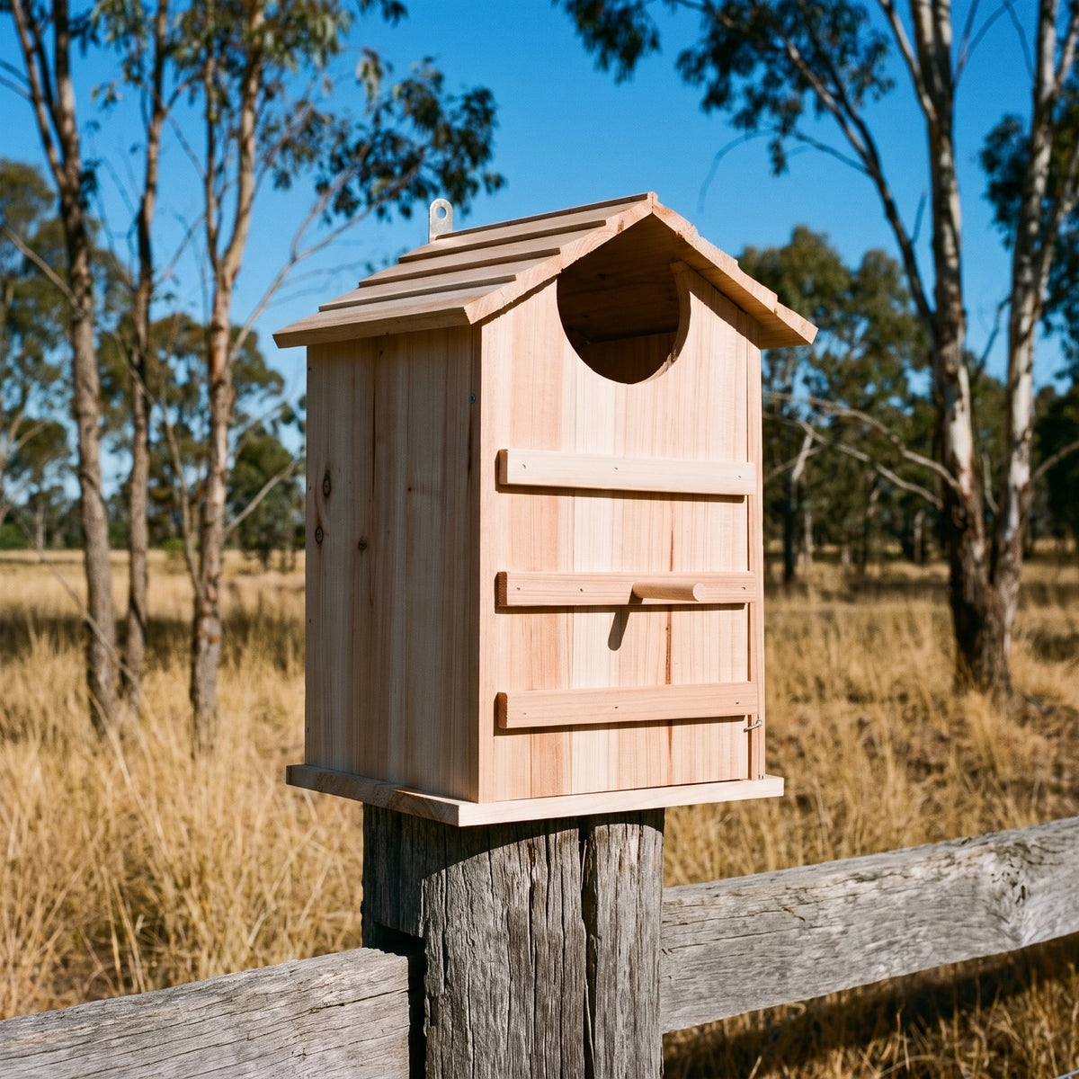 The owl box standing on a weathered timber fence post with dry paddock and gum trees behind