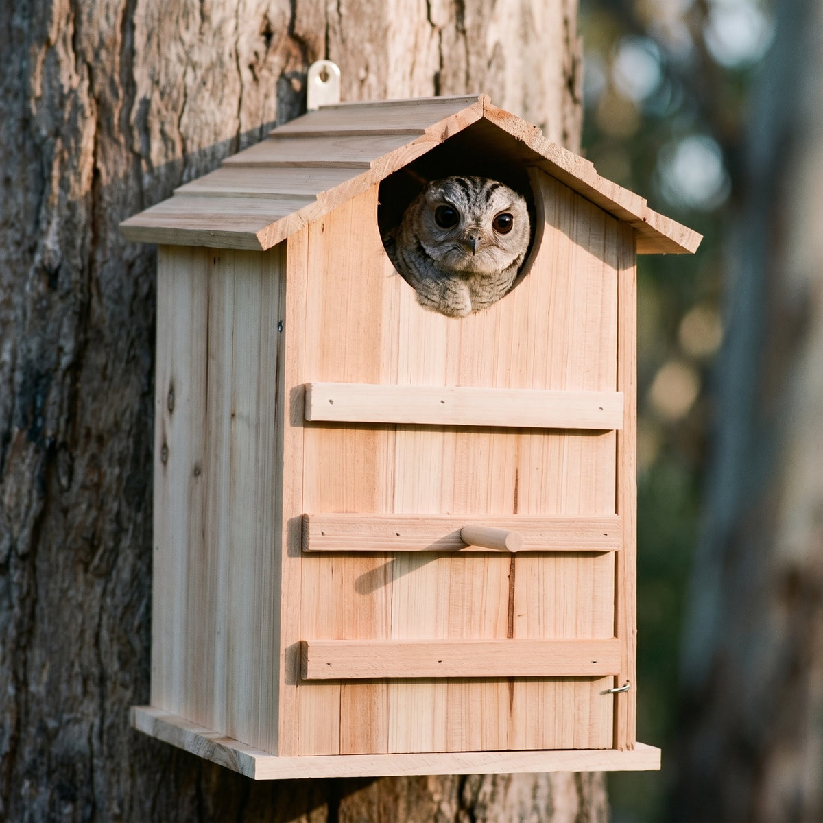 A moth owl (Australian owlet-nightjar) looking out of the entrance hole of the nest box on a gum trunk