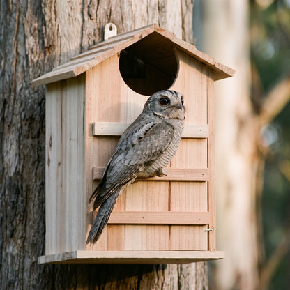 A moth owl perched on the dowel perch rail of the nest box