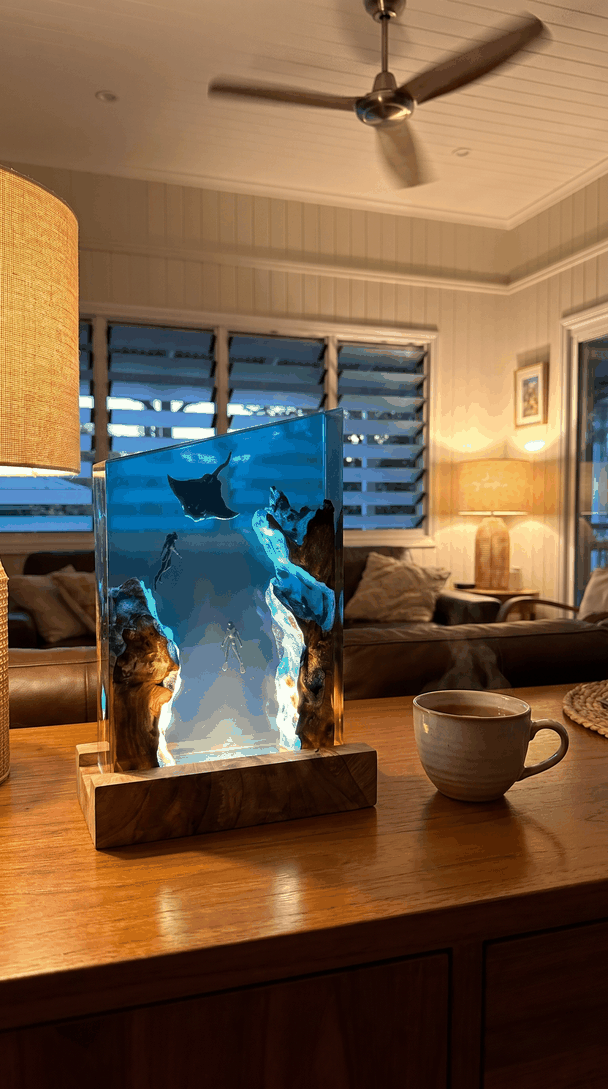 The manta lamp on a sideboard in a Queenslander lounge room