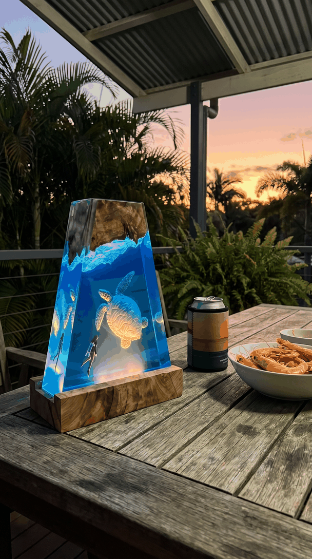 The turtle lamp on a Queensland verandah table at dusk
