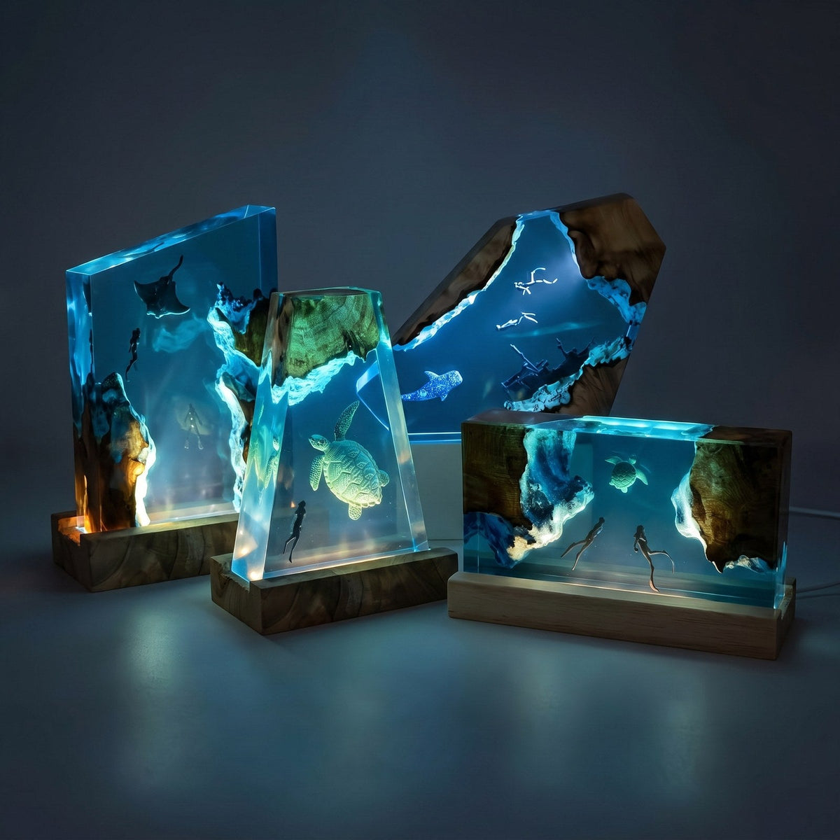All four ocean lamp designs together