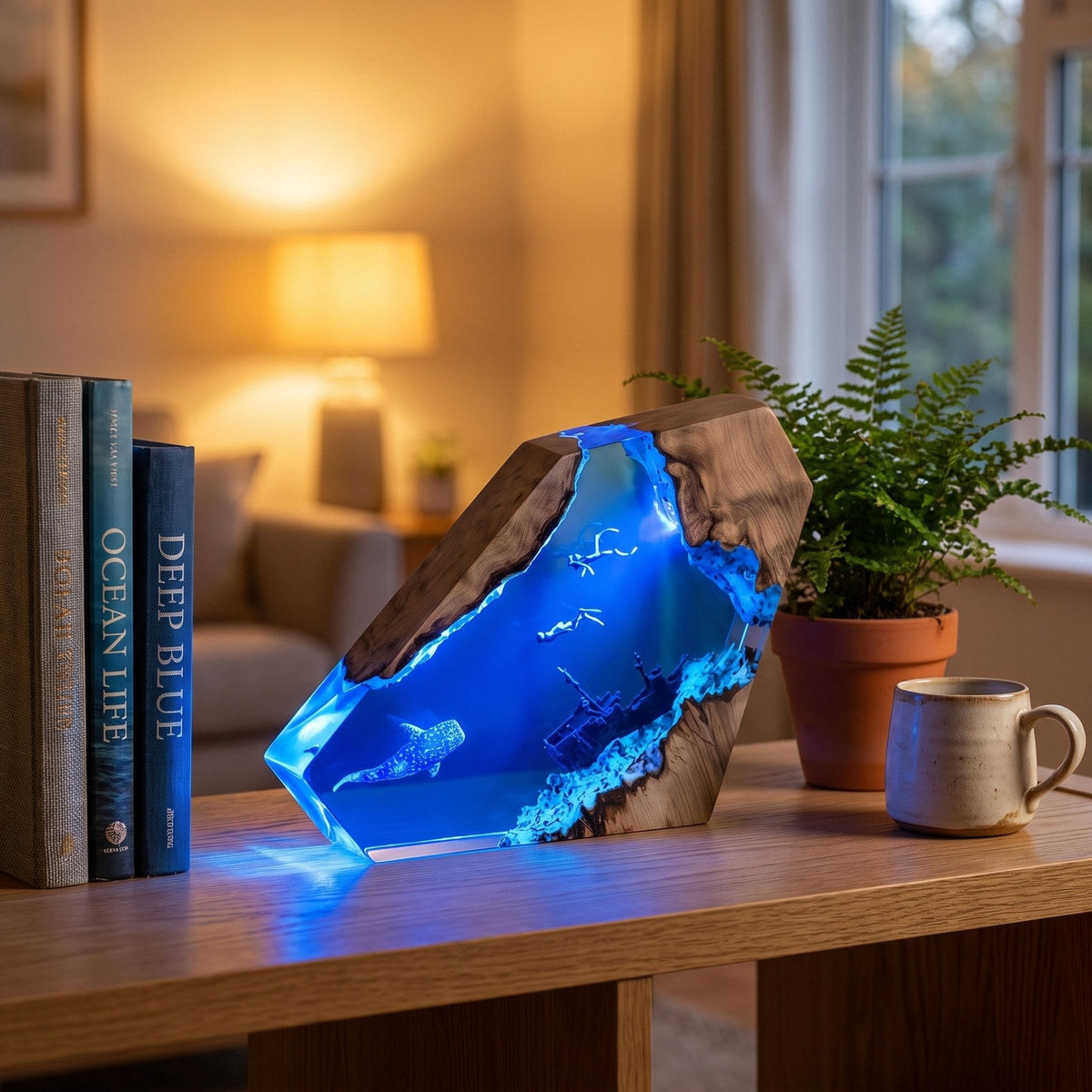The ocean lamp lit at home on a bedside table