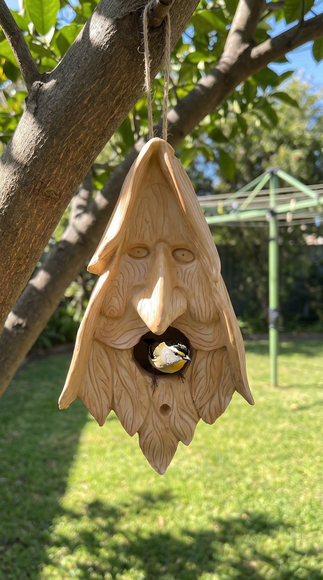 Wood spirit birdhouse in a sunny Australian backyard