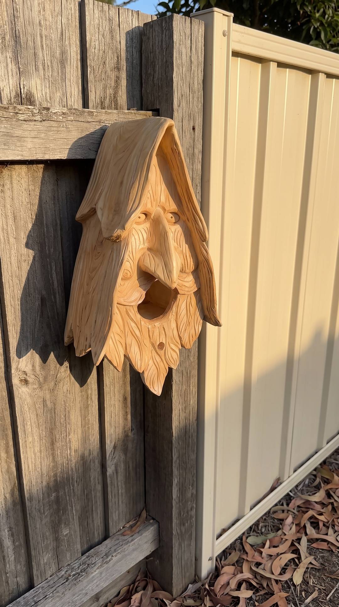 Wood spirit birdhouse on a timber paling fence