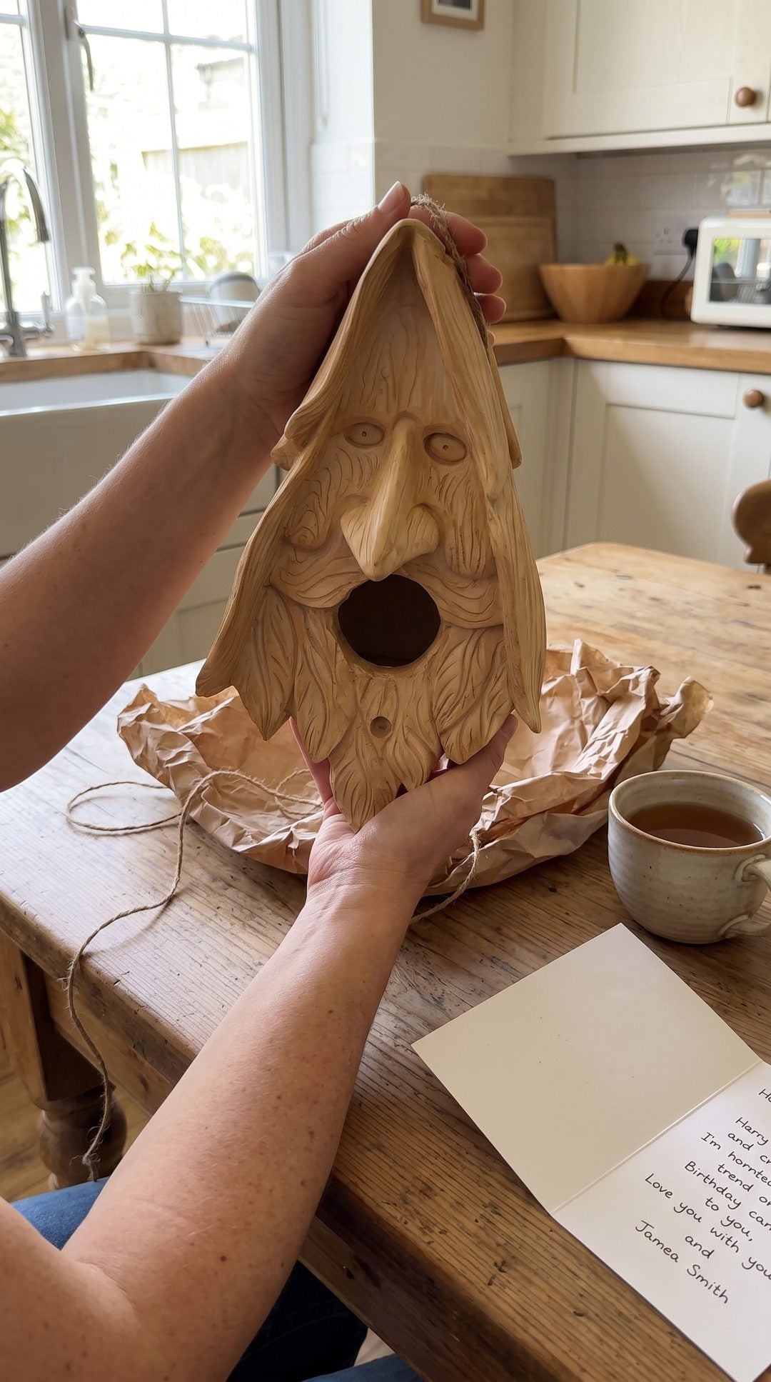 Unwrapping the wood spirit birdhouse at the kitchen table