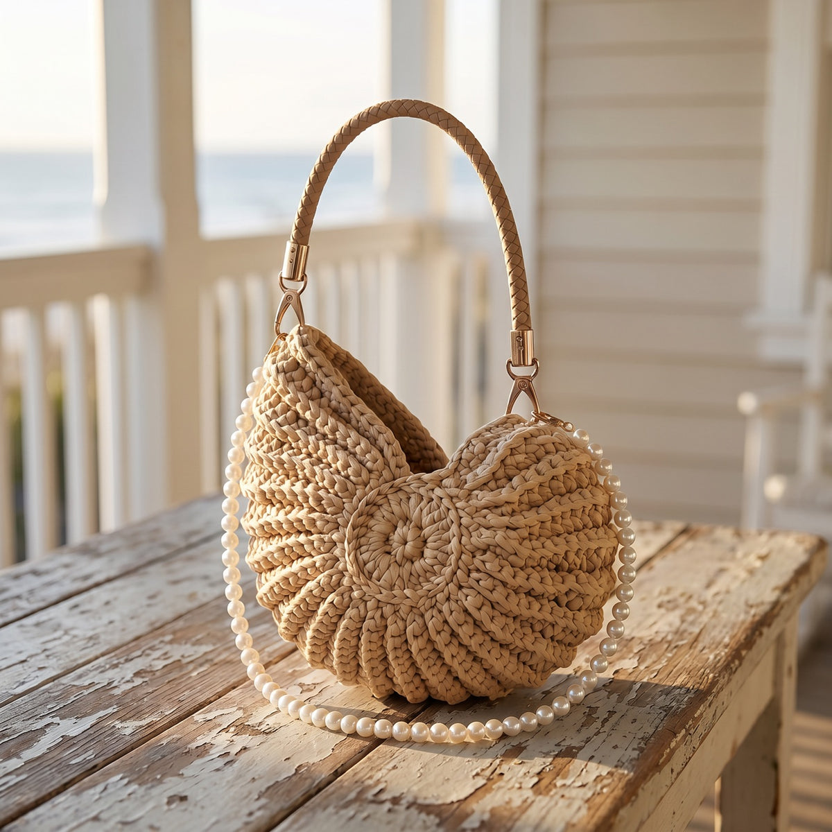 Bone White hand-woven shell handbag with braided top-handle and pearl strap