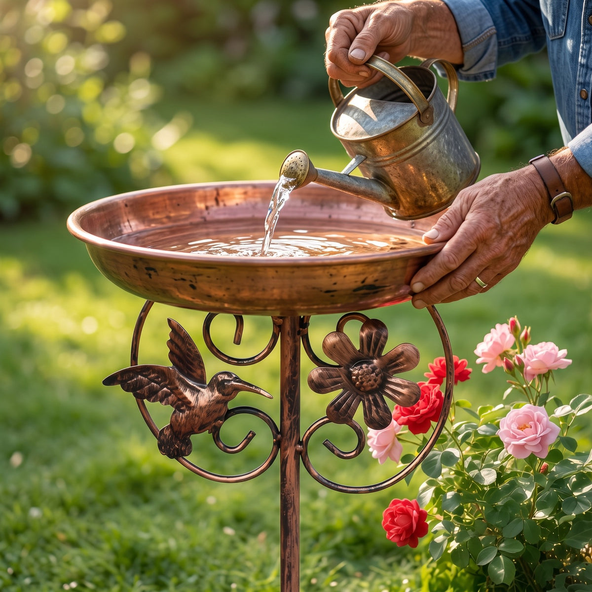 Filling the copper bird bath from a watering can