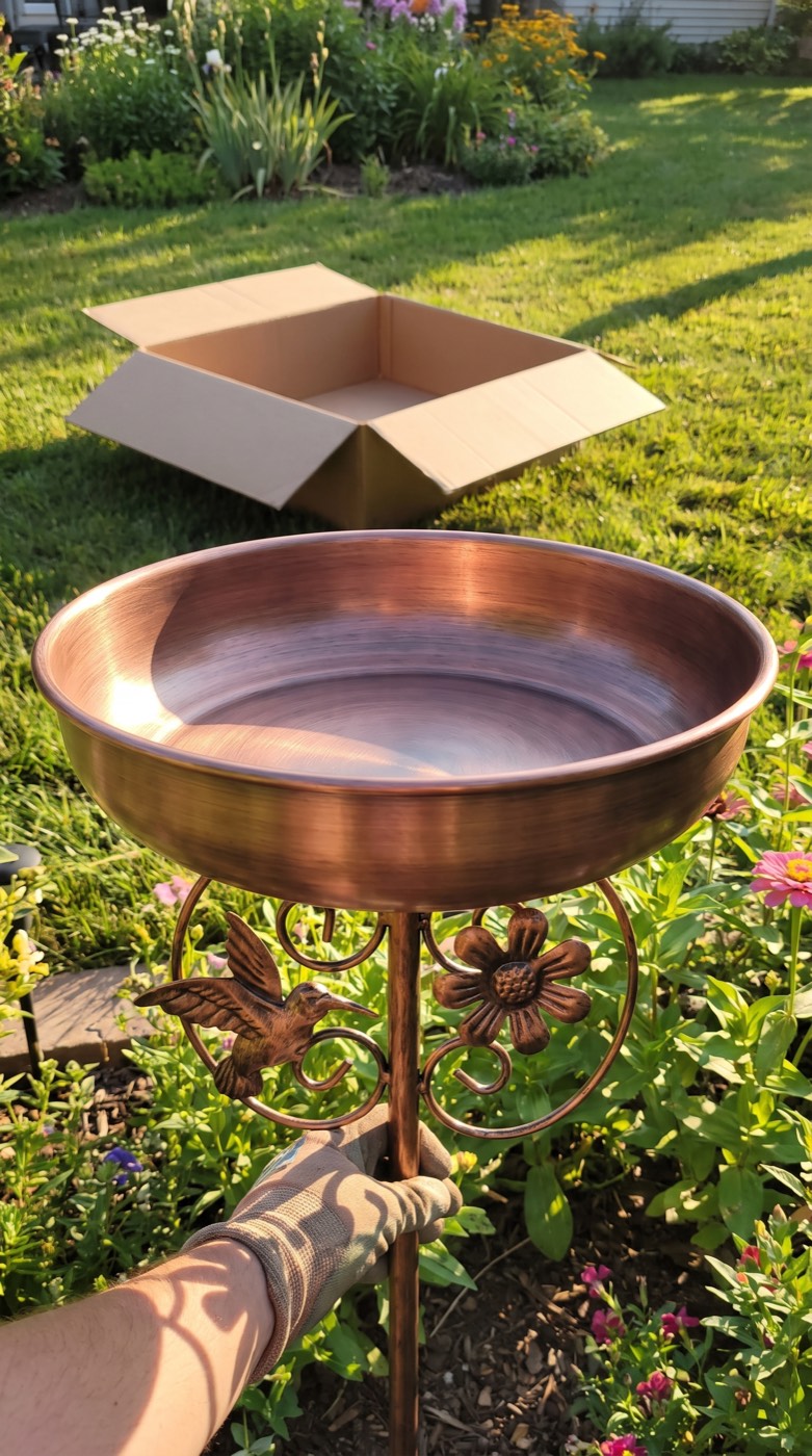Bird bath just unpacked and pushed into the garden