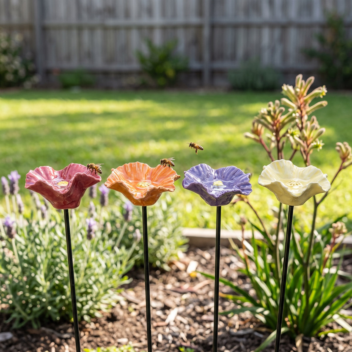Four ceramic poppy bee bowls on stakes in a sunny Australian garden bed with honeybees at the rims