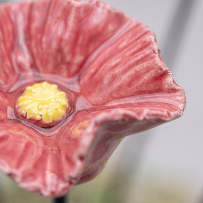Macro detail of the ruffled glazed rim and yellow centre of a pink ceramic bee bowl
