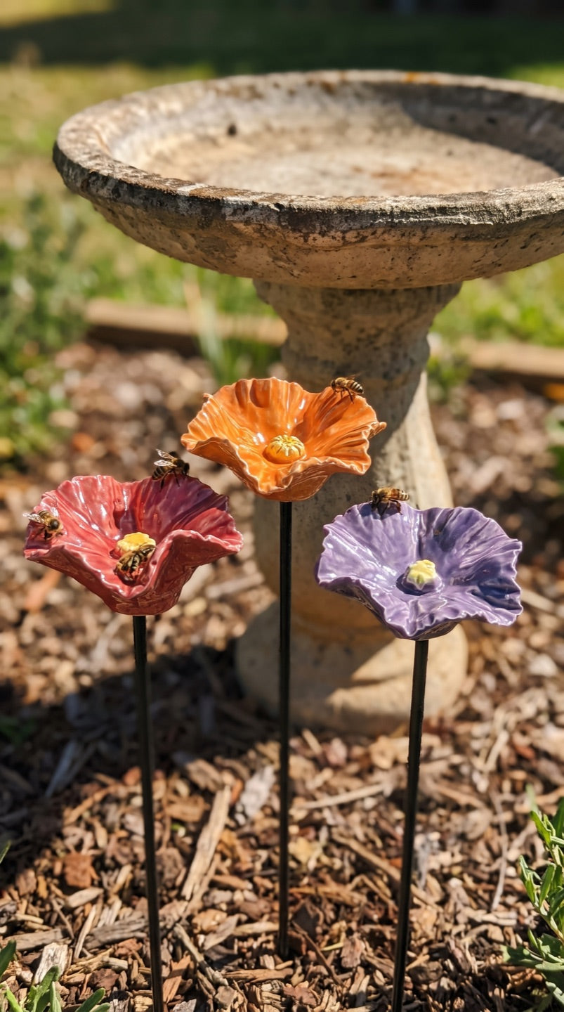 Bee Blossoms in a Toowoomba garden beside an empty birdbath