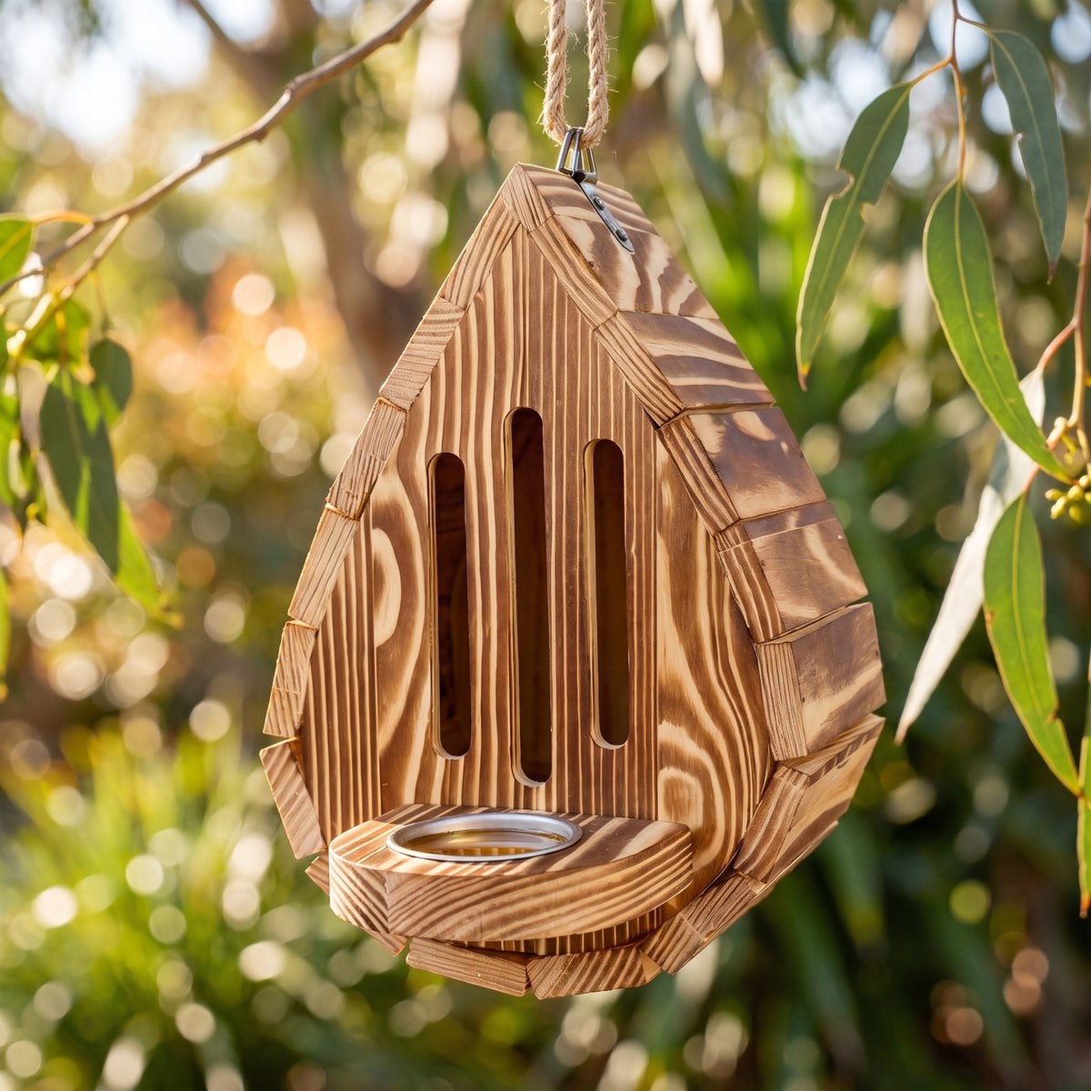 Handmade teardrop butterfly house hanging in a garden