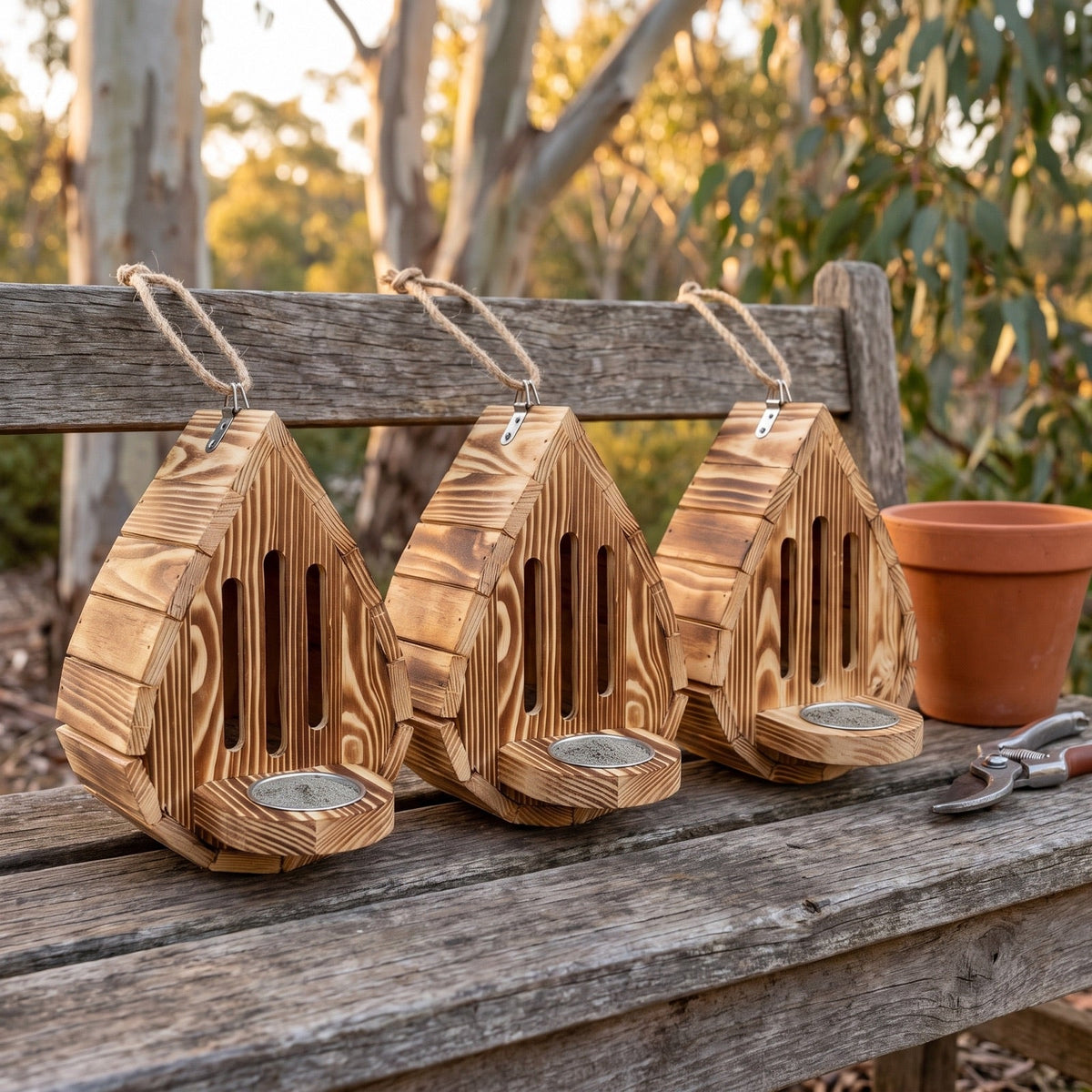 Three handmade butterfly houses on a timber bench