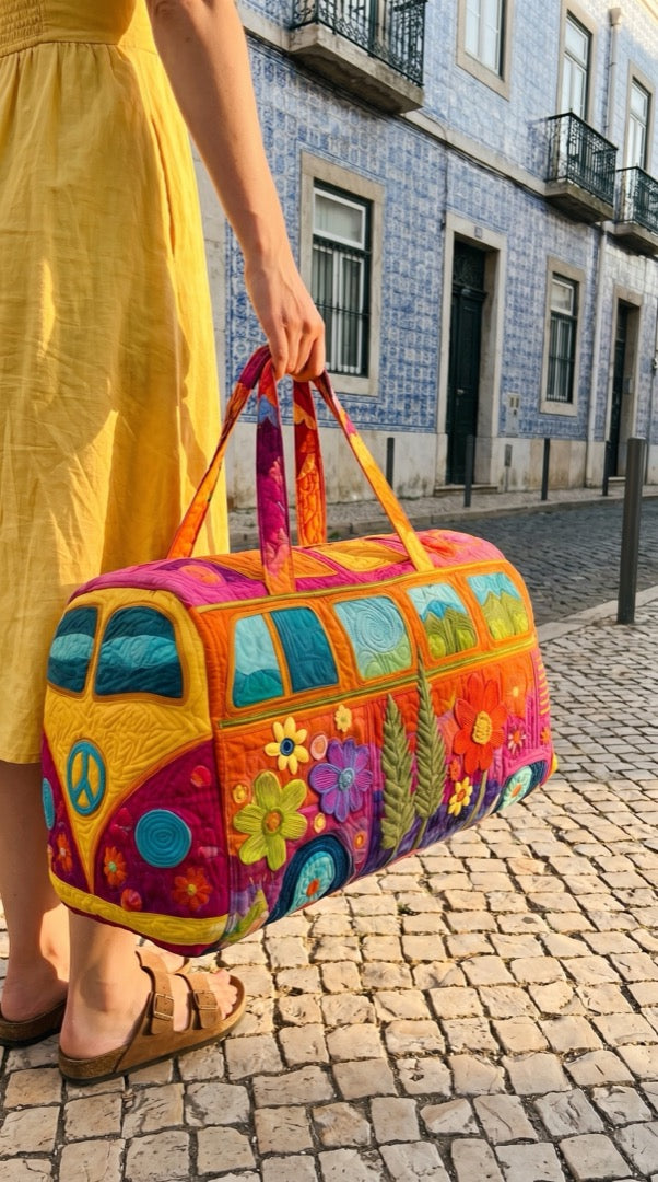 Hippie Bus Weekender on a cobblestone street