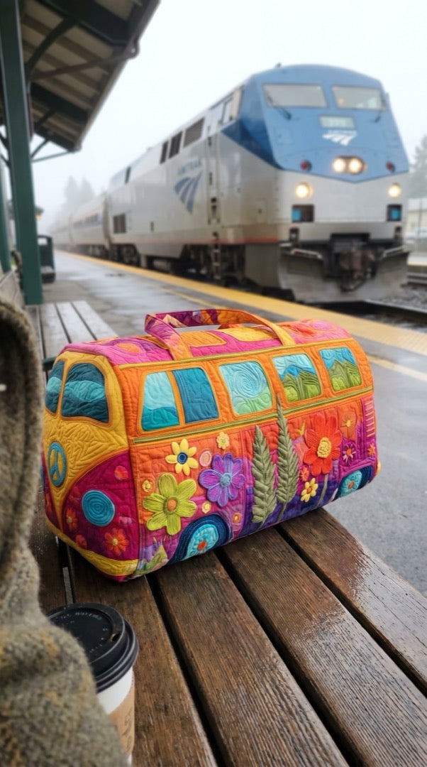 Hippie Bus Weekender on a train station bench