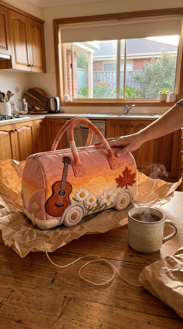 Kombi weekender unwrapped as a present on a kitchen table