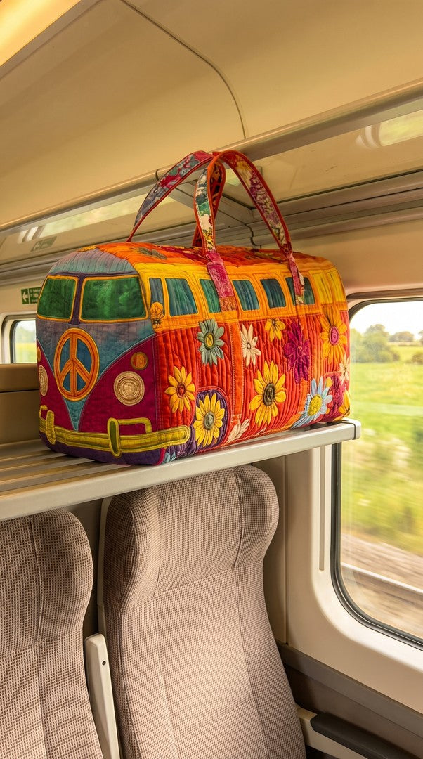 The weekender on the luggage rack of a train carriage
