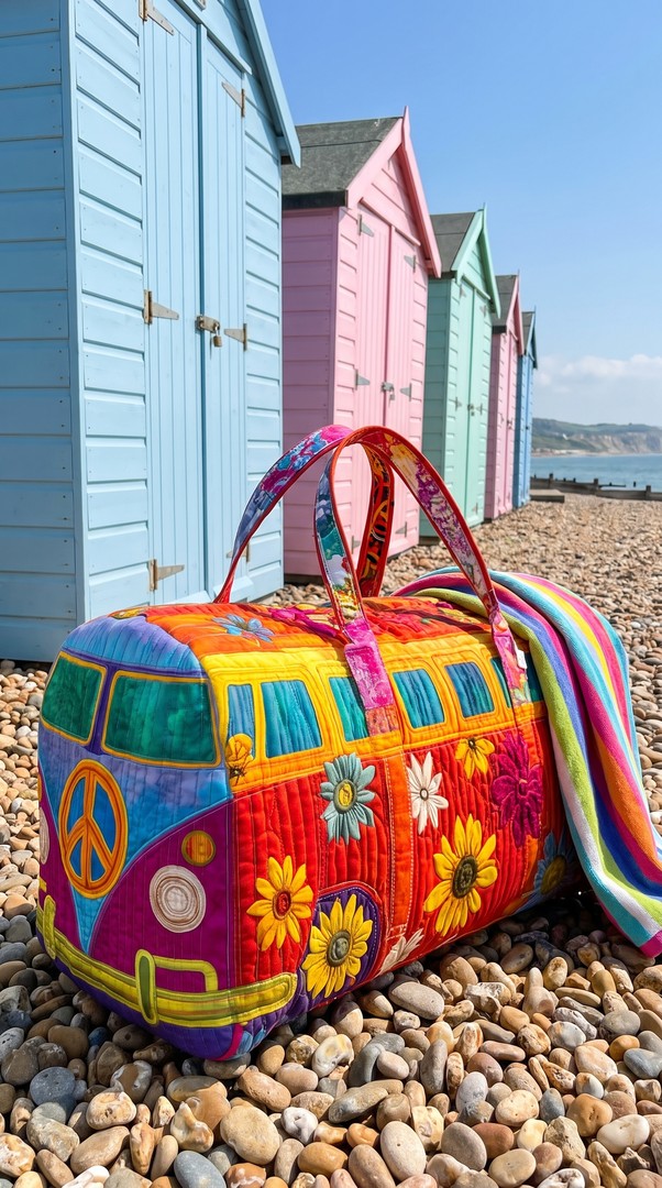 The weekender on the pebbles in front of painted beach huts