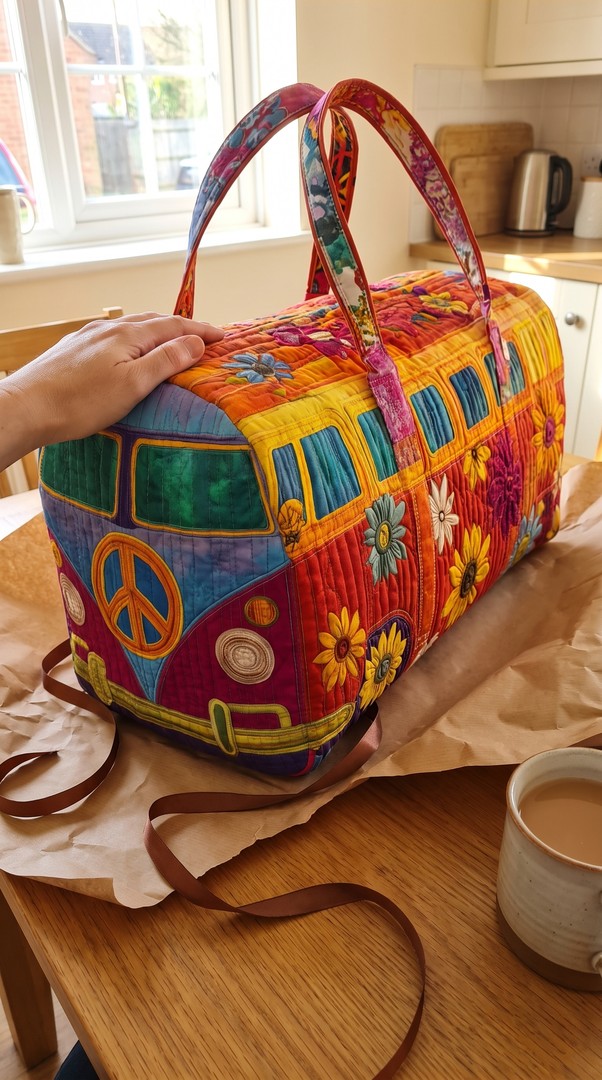 The weekender just unwrapped as a gift on a kitchen table