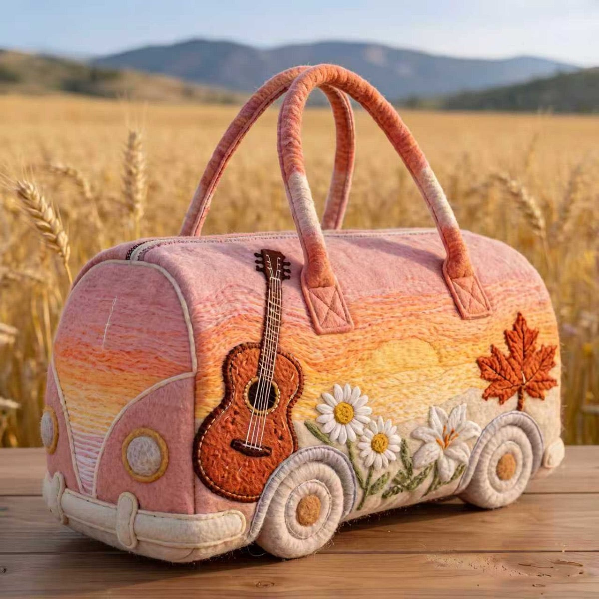 Sunset Strummer hand-quilted weekender