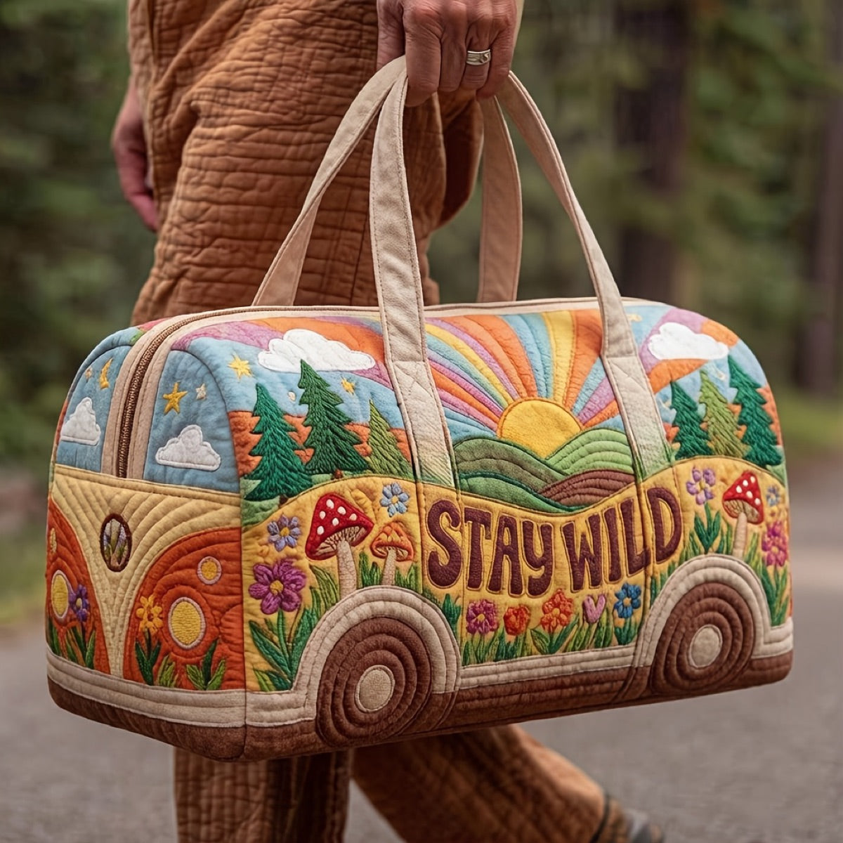 Stay Wild Forest hand-quilted weekender