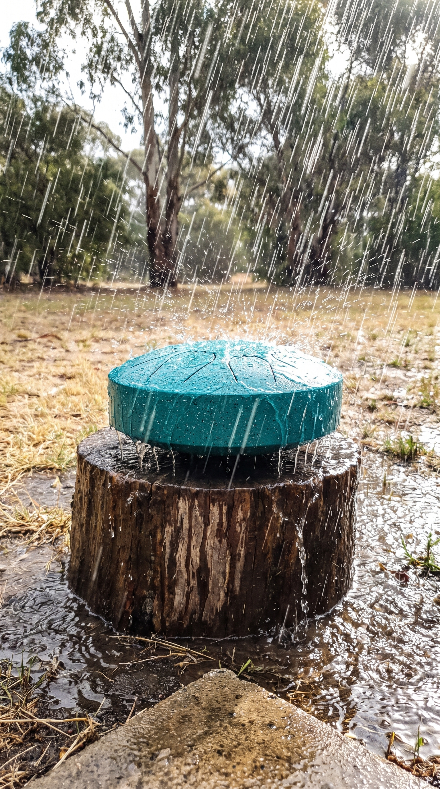 Rain drum on a tree stump in a Bendigo backyard during the first storm
