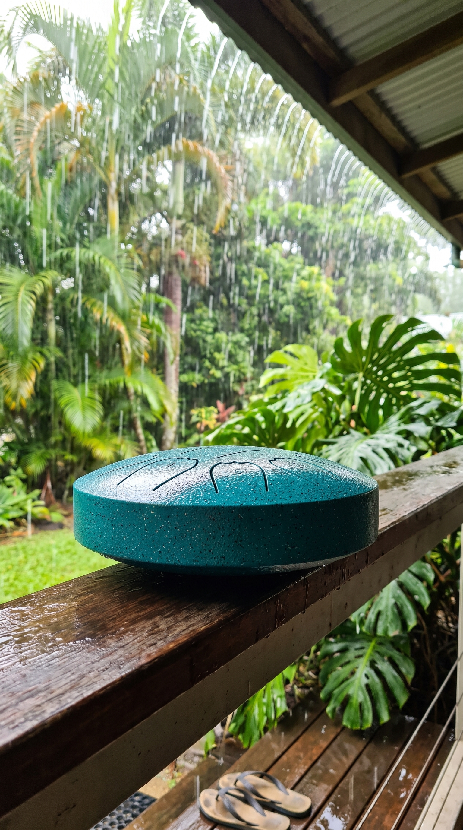 Rain drum on a tropical verandah rail in Cairns during wet season rain