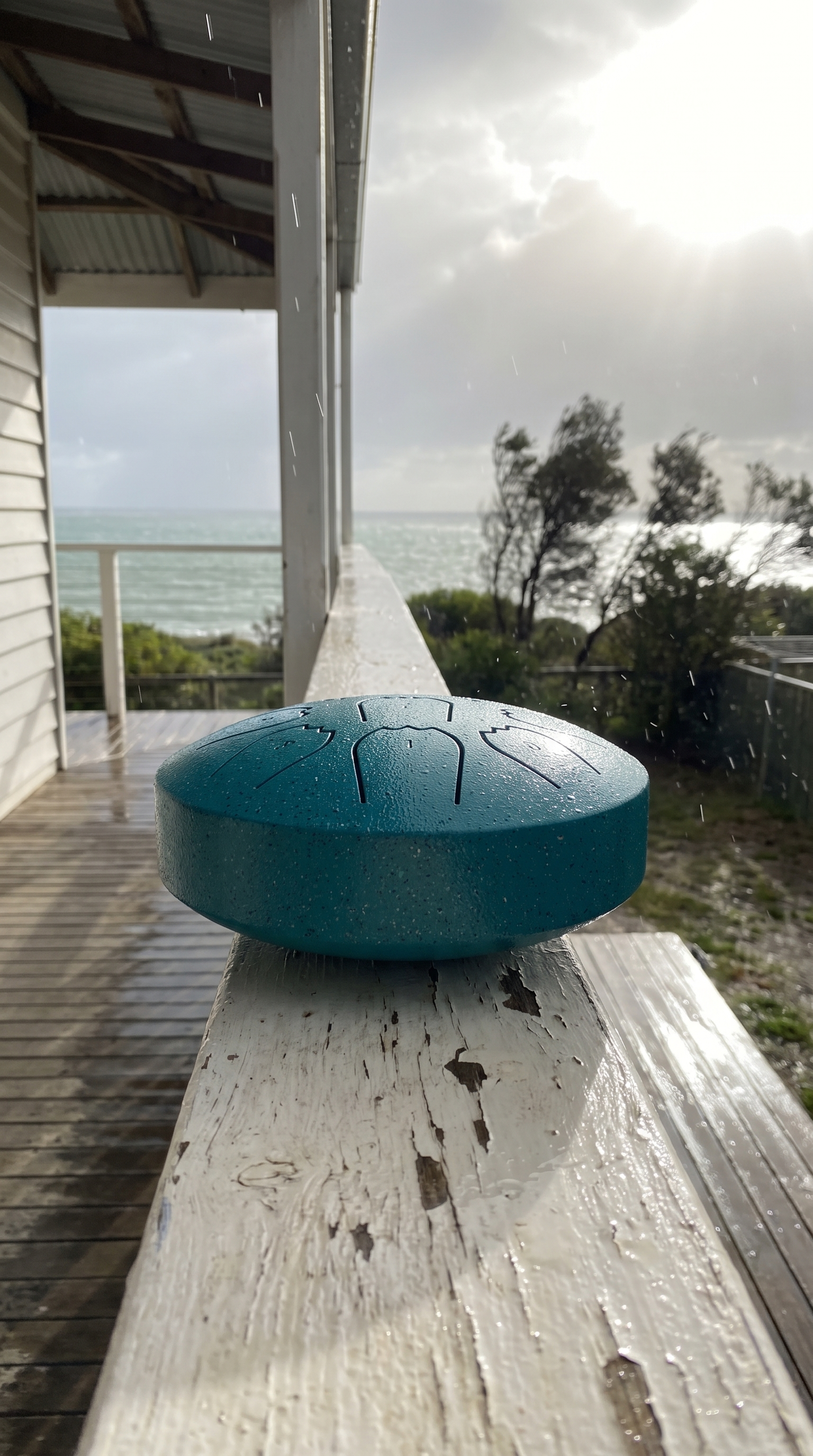 Rain drum on a coastal cottage verandah rail at Port Fairy