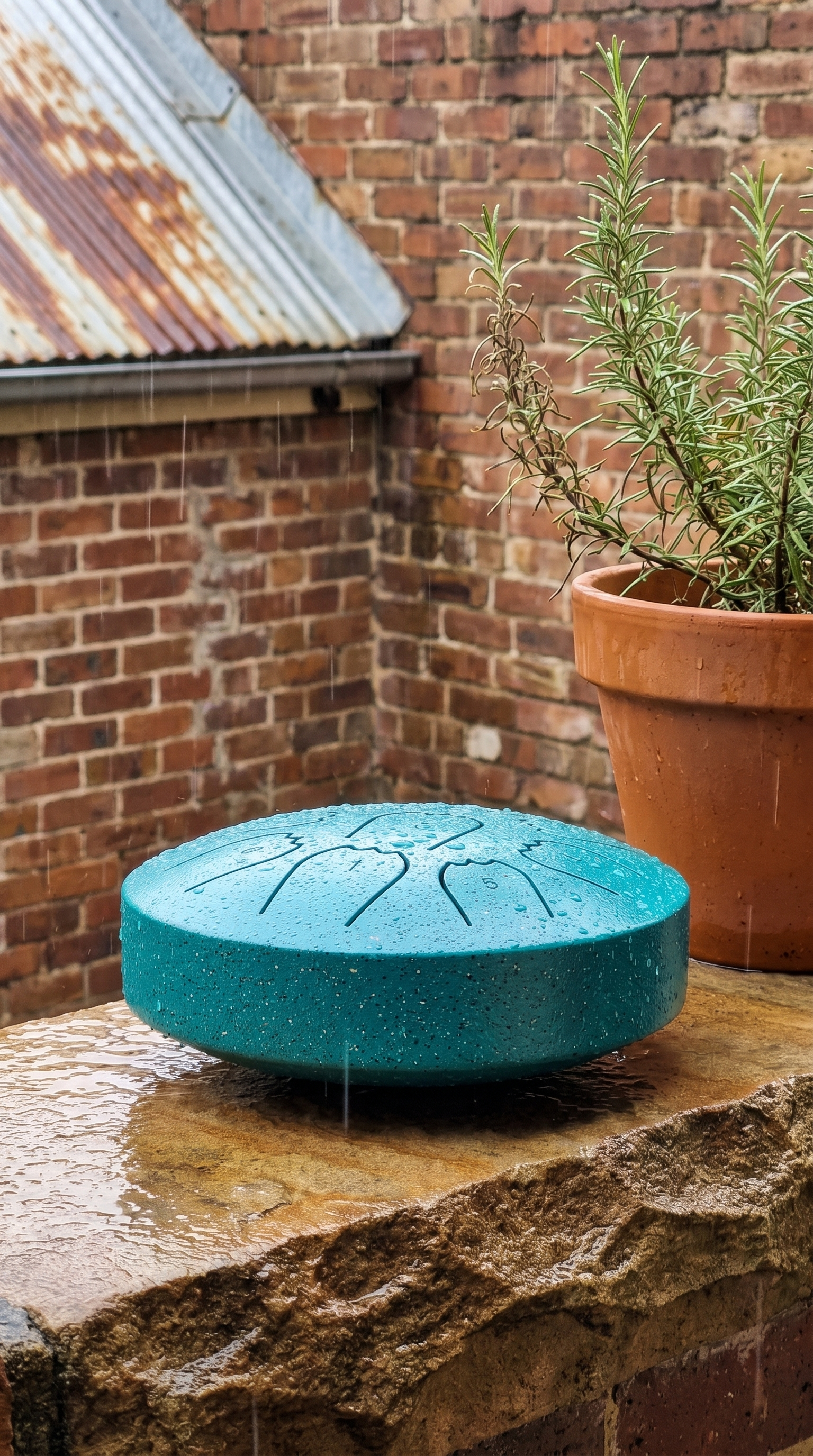 Rain drum on a sandstone courtyard wall in inner-city Hobart
