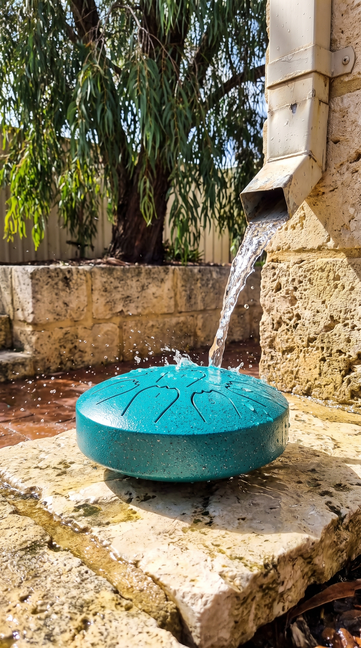 Rain drum under a downpipe on a limestone paver in Western Australia