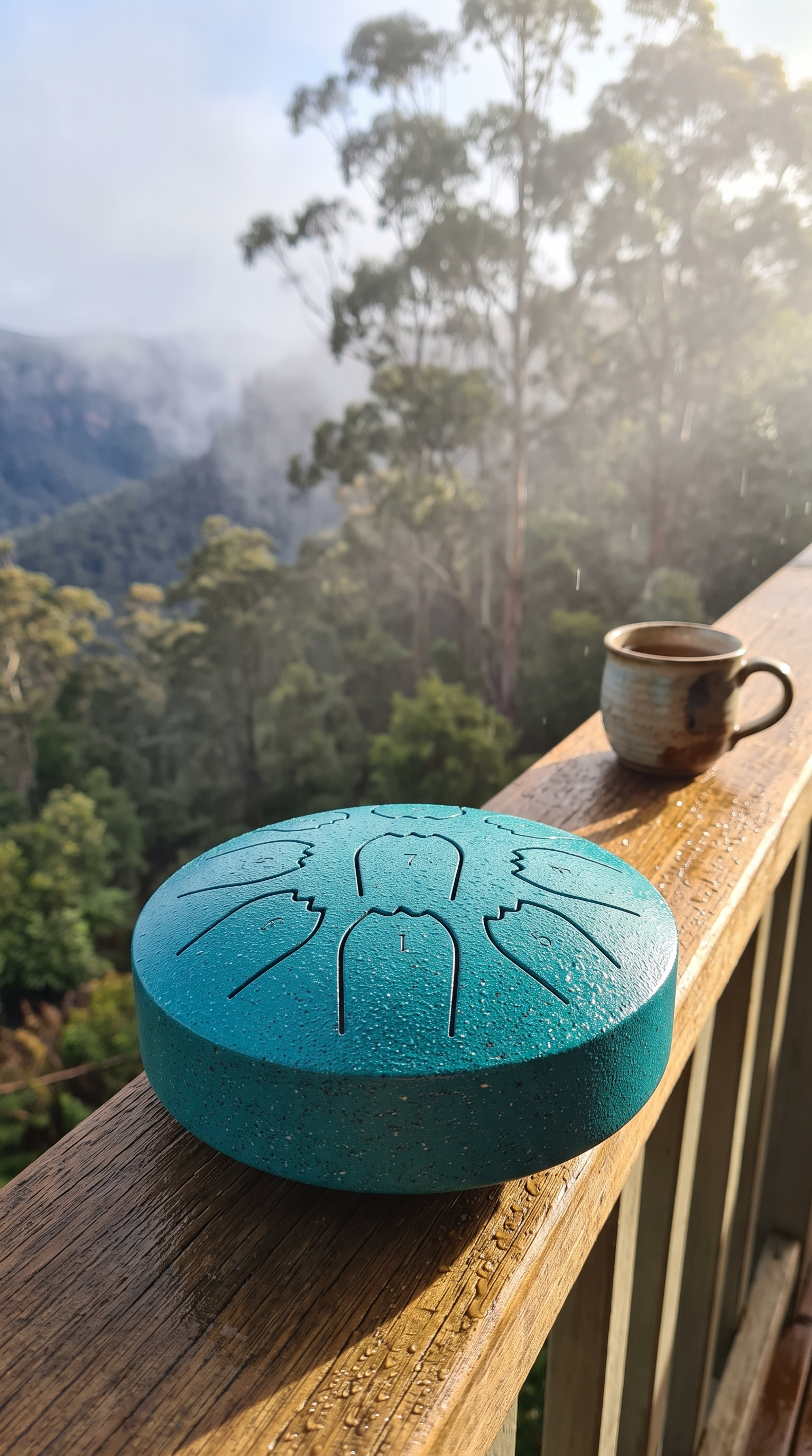 Rain drum on a deck rail in the Blue Mountains mist