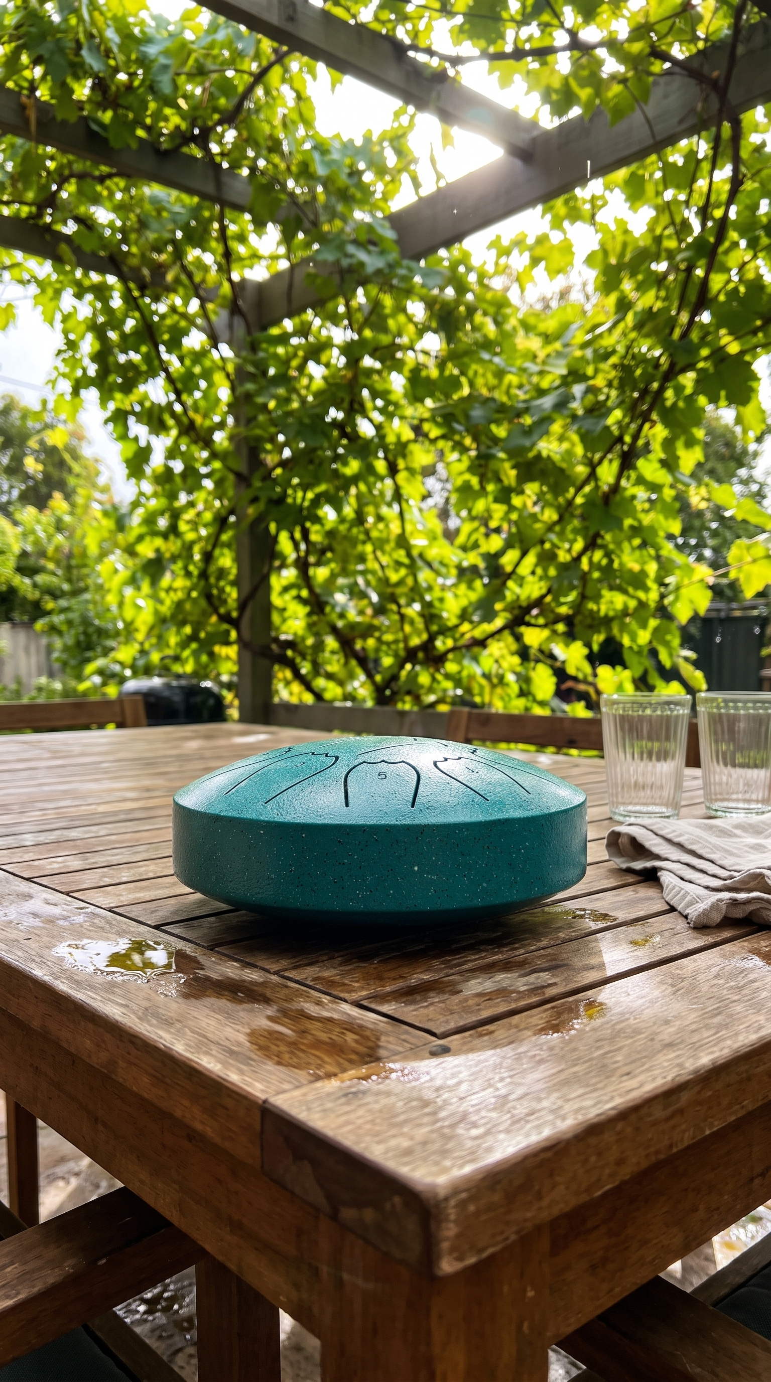 Rain drum on an outdoor table under grapevines in the Adelaide Hills