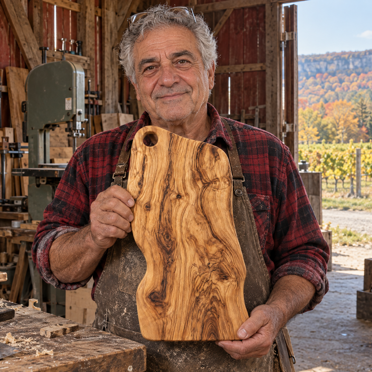 Nello Ferraro in his barn in Beamsville, Ontario with a finished board