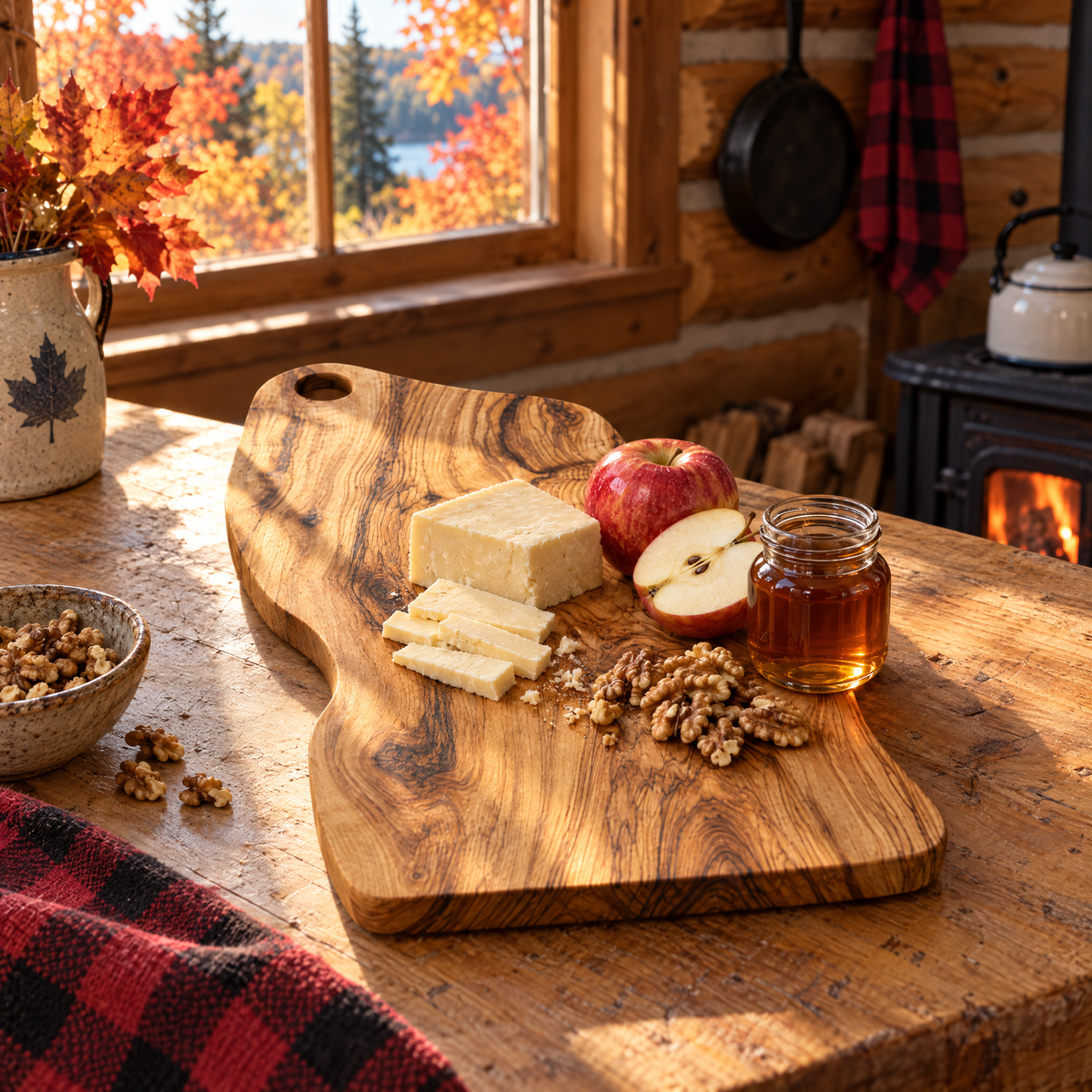 Olive wood cutting board with aged cheddar and apples in an Ontario log cabin kitchen in fall